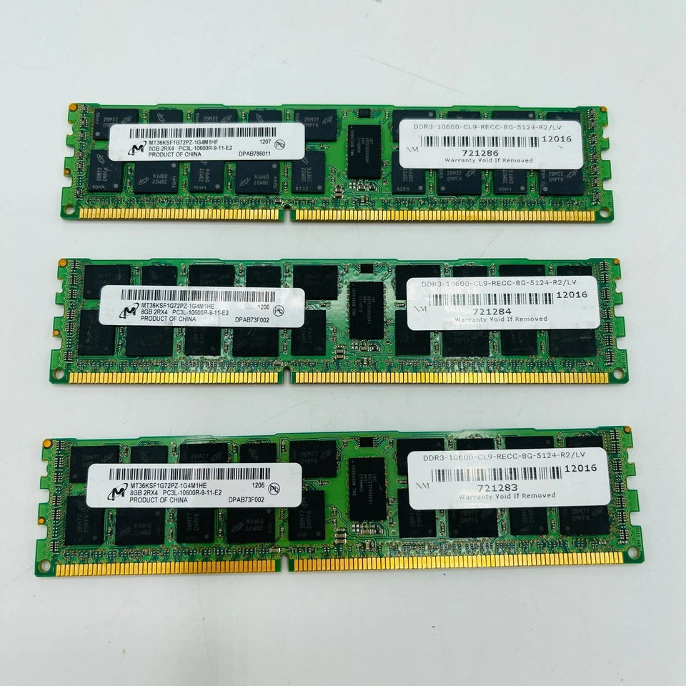 3 Micron 8GB 2RX4 PC3L-10600R-9-11-E2 MT36KSF1G72PZ-1G4M1HE SERVER RAM Used - Image 1 of 4