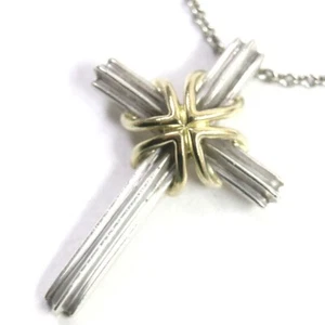 Tiffany & Co. Signature Cross Silver 925 750 18K Gold Necklace Pendant w/Box - Picture 1 of 6