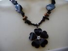 BLACK FLOWER PENDANT ON BEADS CRYSTAL GRAY MOP CHAIN NECKLACE #23/24A