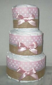 Light Pink White & Burlap 3 Tier Girls Diaper Cake Baby Shower Centerpiece Gift
