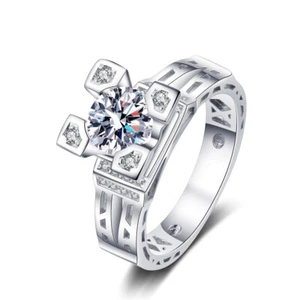 1CT Round Cut Real Moissanite Solitaire Men's Wedding Ring 14K White Gold Plated - Picture 1 of 9