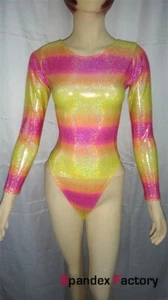 BNWT Pink Yellow Glitter Spandex Leotard for Women Long Hand - Picture 1 of 3