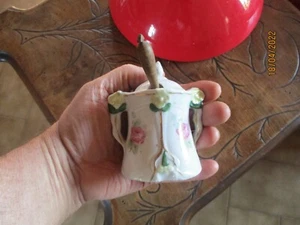 Ancien Petit Pot a Moutarde Moutardier et sa Cuillère Bois Barbotine aux Roses - Bild 1 von 5