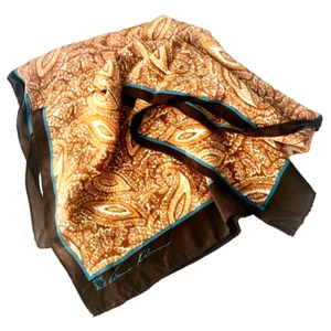 VTG Anne Klein Oblong SILK SCARF Burnt Orange & Brown Paisley Print Lion Logo - Picture 1 of 6