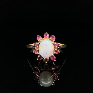 Vintage 14K Yellow Gold Natural Opal and Synthetic Red Spinel Halo Ring - Picture 1 of 8