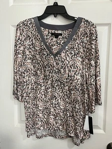 Donna Karan Sleepwear Top Small S Brown Black White Animal Print V-Neck Blouse - Picture 1 of 9