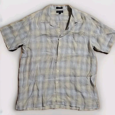 Camisa Grant Thomas Lino Puro SS Abotonada Para Hombres Lg Gris Beige Cuadros 46x28 Foto 1 de 4