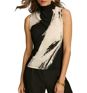 Top Donna Karan Estampado Abstracto Sin Mangas Cuello Embudo Tejido Negro Blanco Grande - Imagen 1 de 10