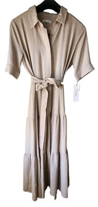 Calvin Klein beige Stufen Midi langes Kleid Größe 12 M/L Shirtkleid neu mit Etikett - Bild 1 von 8