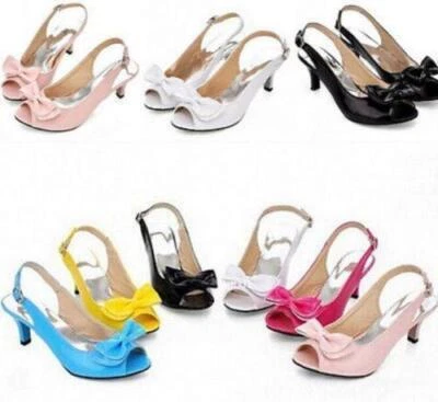 New Women Kitten Heel Shoes Peep Toe Patent BowKnot Slingbacks Sandals Plus Size - Image 1 of 4