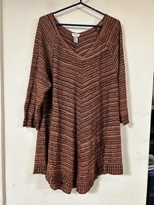 Avenue Brown Multi color Striped V-Neck Tunic Sweater Tunic Long Sleeve 18/20* - Picture 1 of 4