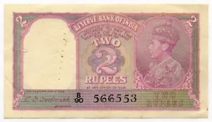 INDIA 1943 KING GEORGE VI 2 RUPEES BANKNOTE SCARCE CRISP XF. Pick#17b. - Picture 1 of 2