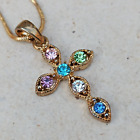 Vintage Cross Necklace Gold Tone Colorful Rhinestone From Israel VTG Retro Gift