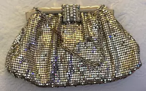 VINTAGE WHITING & DAVIS SILVER MESH JEWELED CLASP EVENING BAG - Picture 1 of 12