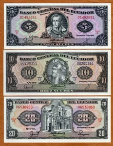 SET Ecuador, 5-10-20 Sucres, 11-22-1988, P-113d-121-121A UNC - Picture 1 of 2