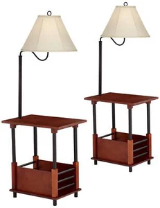 Mission Style Floor Lamps Set of 2 with End Table Brown Wood Living Room Bedroom - Picture 1 of 5