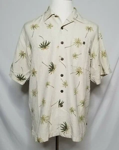 Luau Mens L Hawaiian Shirt Silk Cotton Button Camp Palm Trees Floral Beige - Picture 1 of 7