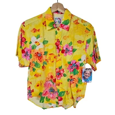 Jams World Boys Hawaiian Shirt Sz M Yellow Floral Print Tropical Resortwear - Image 1 of 4