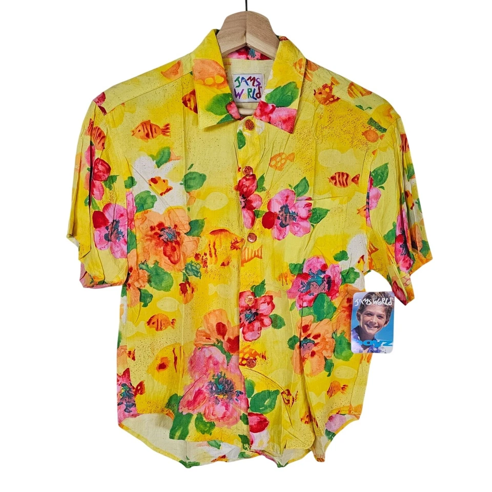 Jams World Boys Hawaiian Shirt Sz M Yellow Floral Print Tropical Resortwear - Image 1 of 4