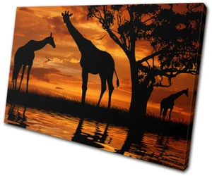 Giraffe afrikanischer Sonnenuntergang Silhouette Tiere EINZELNE LEINWAND WANDBILD Bild Druck - Bild 1 von 1