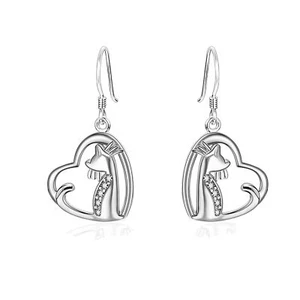 Kitty Cat Heart Dangle Earrings CZ Sterling Silver Ginger Lyne Collection - Picture 1 of 5