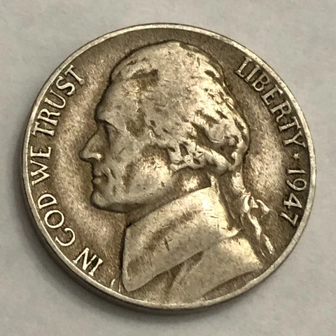 1947 error Jefferson nickel with large reverse STRUCK-THROUGH area. #q1 Cover