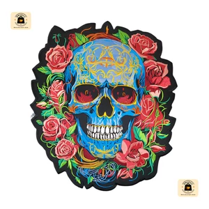 Blue Skull Rose Patch Floral Gothic Embroidered Iron-On Sew-On Badge For Jackets - Picture 1 of 4