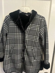 Ike Behar Women's Hooded Houndstooth Coat Black White Faux Fur Lining Size L - Picture 1 of 9