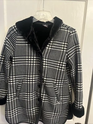 Abrigo para mujer Ike Behar con capucha pata de gallo negro blanco forro de piel sintética talla L Foto 1 de 4