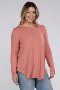 Zenana Long Sleeve Round Neck Round Hem Top - Picture 1 of 29