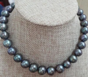 HUGE 12-15mm south sea genuine gray blue perfect round pearl necklace AAAA 18” - Picture 1 of 7