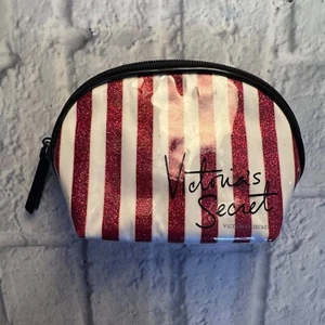 Victoria's Secret Make-up Kosmetik Beauty Tasche metallic rot & weiß gestreift neu mit Etikett - Bild 1 von 10