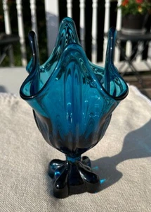Viking Glass Epic Four Square Bluenique Swung Handkerchief Petal Compote Vase - Picture 1 of 6