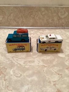 Vintage Lesley Matchbox #12 Safari Land Rover+#55 Police Car 60s Original Boxes - Picture 1 of 10