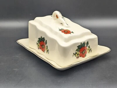 Plato de mantequilla vintage con tapa hecho en Rumania 7,5"×6"×3,5" crema floral/borde dorado Foto 1 de 4