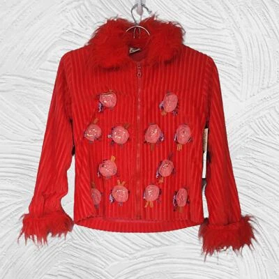 Jaqueta Beetlejuice London Veludo Floral e Acabamento em Penas Vermelha Menina 12 NOVA - Imagem 1 de 4