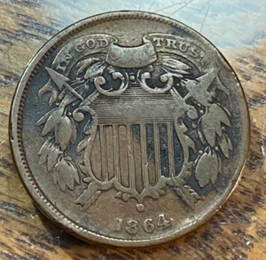 1864 Small Motto Key 2 Cent Piece Nice Original Fine/VF CHRC - Picture 1 of 3