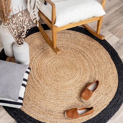 Round Rug Hand Braided 100% Natural Jute Farmhouse Area Rug Bordered Design Rug - Image 1 of 4
