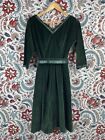 Vintage 50/60s Dark Green Velvet Party Dress Full Skirt Pinup Belted V neck