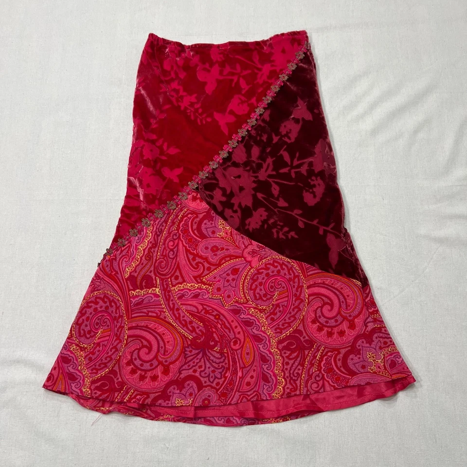 Falda Midi Vintage Y2K Boho Patchwork Seda Rosa Terciopelo Paisley Estampado Floral XS Foto 1 de 4