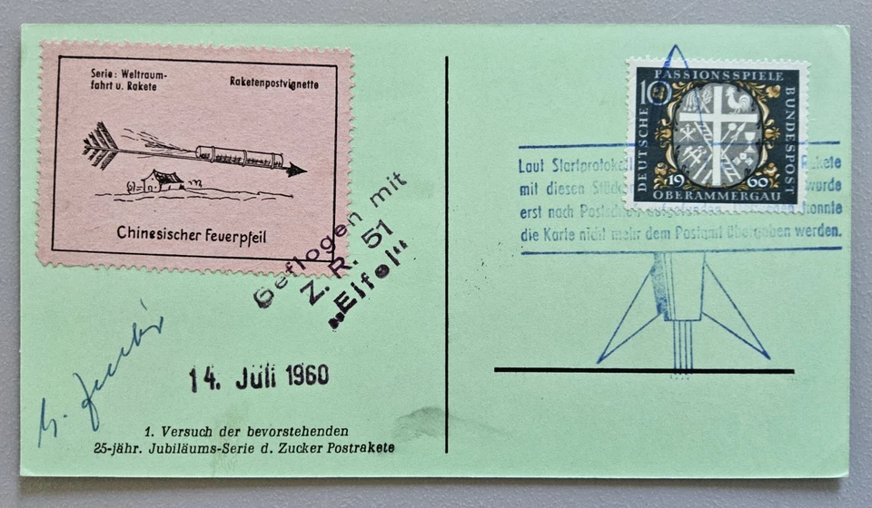 Brief Raketenpost, Bund 1960, Rakete Z.R. 51 Eifel, Zucker Original Autogramm - Bild 1 von 1