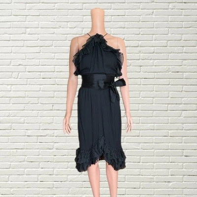 Vintage 70s Bill Blass Dress Black Silk Chiffon Halter Ruffle LBD - Image 1 of 4