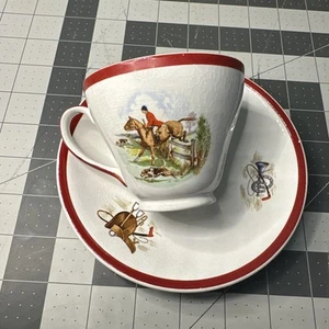 Fox Hunt Hunting Ambassador Ware Tea Cup and Saucer Red Rim - Picture 1 of 4
