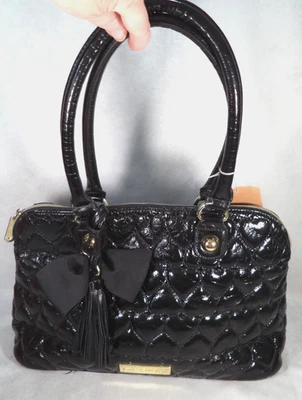 Betsey Johnson Black Quilted Heart Tote Bag with Bow and Tassel Medium Two Strap - Image 1 of 4