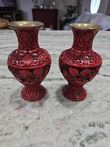 Vintage Chinese Carved Red Cinnabar Lacquer On Porcelain Floral Vases 6.5" - Picture 1 of 6