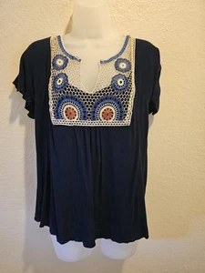 Beautiful Navy Linen & Lace Blouse By Tantrum SIZE Large Women's Shirt - Picture 1 of 3