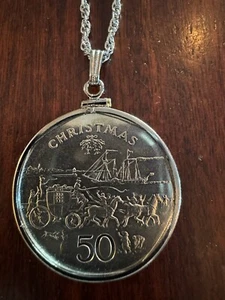 1980 Isle Of Man Silver Christmas 50 Pence Coin 18”Pendant Necklace - Picture 1 of 7