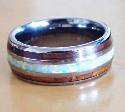 TALLA 8 Aloha Hawaii Carburo de Tungsteno Koa Madera Blanco Ópalo de Fuego Anillo de Boda Alianza Foto 1 de 4