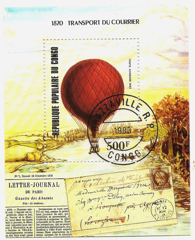 1983 KONGO / CONGO FRANCE  AIRBALLOON TRANSPORT MAIL 500F  S/S  USED - Image 1 of 1