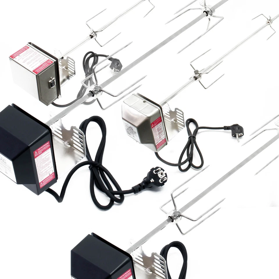 BBQ Grillspießaus Edelstahl mit 2 Fleischklammern Drehspieß verschiedene Größen - Bild 1 von 1